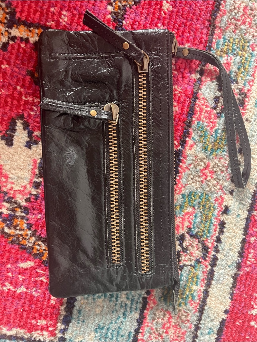 latico Black Leather Wristlet Clutch with Gold Zippers